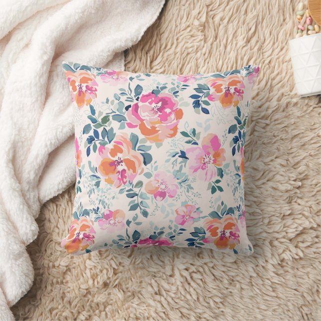 Pink & Teal Floral Pattern Throw Pillow (Blanket)