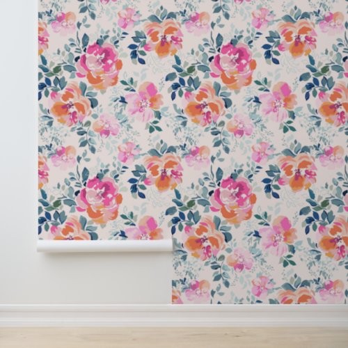 Pink  Teal Floral Pattern Wallpaper