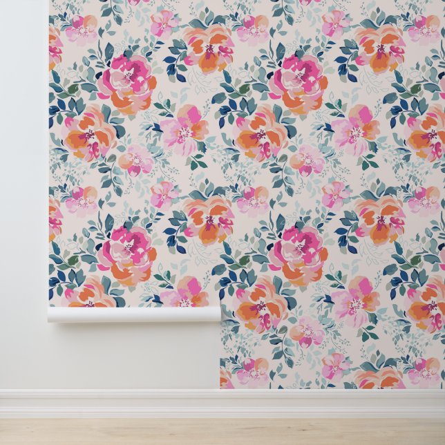 Pink & Teal Floral Pattern Wallpaper (Application)