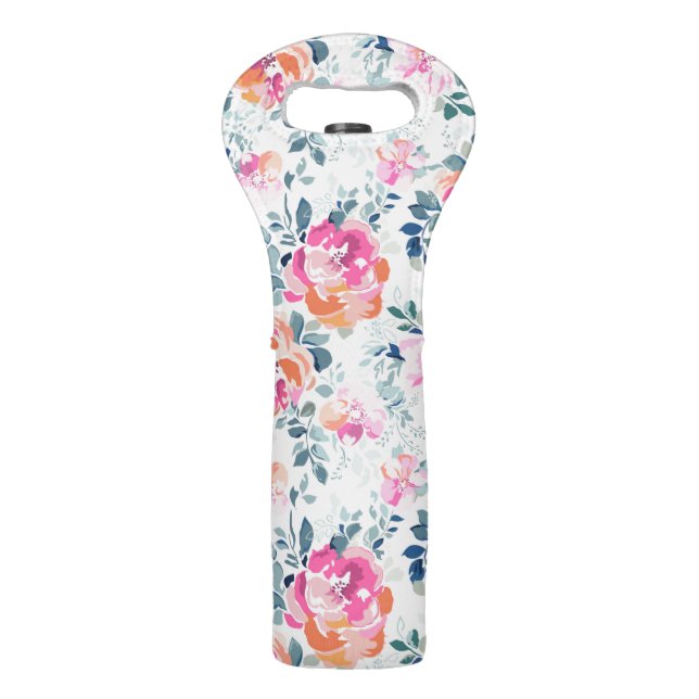 Pink & Teal Floral Pattern Wine Bag (Front)