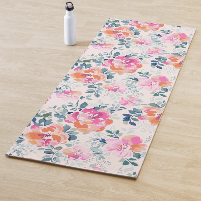 Pink & Teal Floral Pattern Yoga Mat (In Situ)