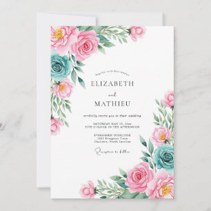 Pink Teal Floral Romance Wedding Invitation