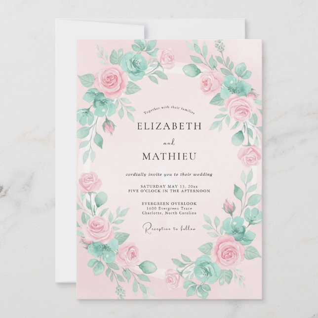 Pink Teal Floral Romantic Flourish Wedding Invitation (Front)