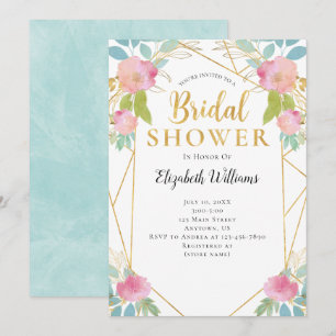 Pink Teal Flowers Geometric Frame Bridal Shower Invitation