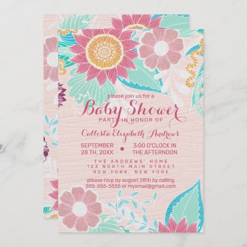 Pink Teal Flowers Leaves Oil Painted Baby Shower Invitation