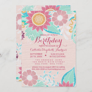 Pink Teal Flowers Leaves Oil Painted Birthday Invitation