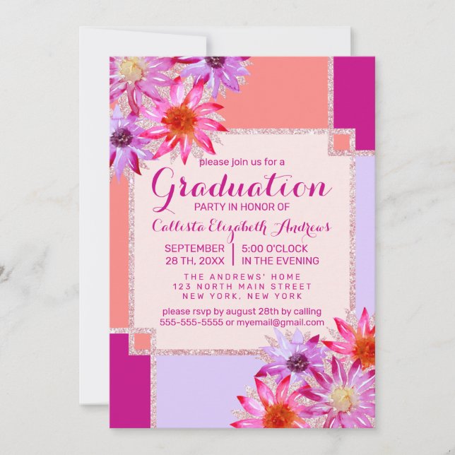Pink Teal Flowers Leaves Oil Painted Graduation Invitation (Front)