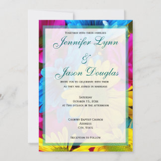 Pink Teal Gerber Daisy Flowers Wedding Invitations