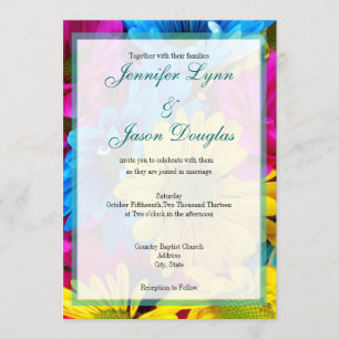 Pink Teal Gerber Daisy Flowers Wedding Invitations