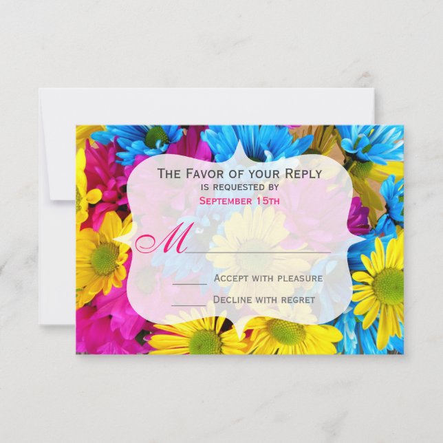 Pink Teal Gerber Daisy Flowers Wedding RSVP Card (Front)