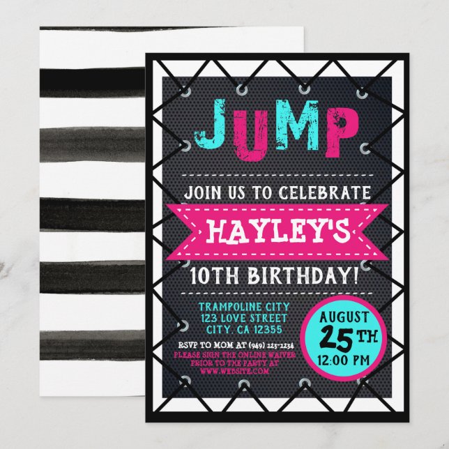 Pink Teal Girls Jump & Play Trampoline Park Bounce Invitation (Front/Back)