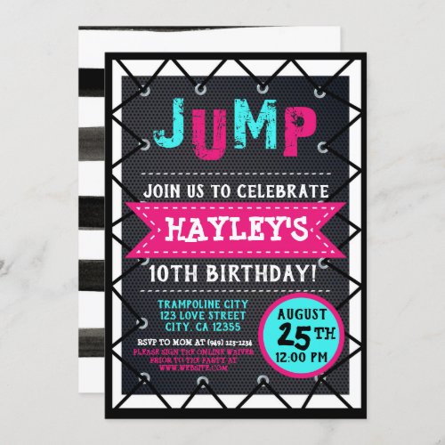Pink Teal Girls Jump  Play Trampoline Park Bounce Invitation