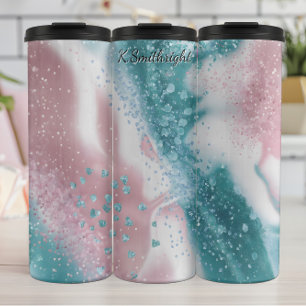 Pink Teal Glitter Abstract Swirl Thermal Tumbler