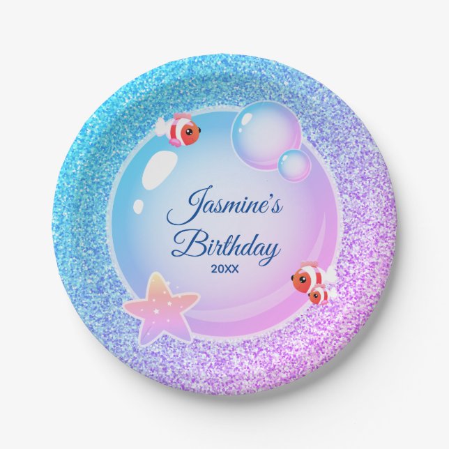 Pink Teal Glitter Girly Mermaid Birthday Party  Paper Plates (Front)