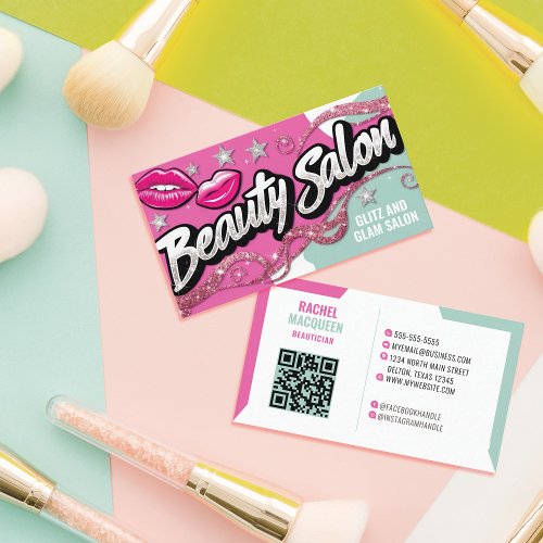 Pink Teal Glitter Retro Pop Art Beauty Salon  Business Card