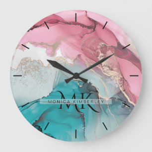 Pink Teal Gold Agate Stone Monogram Name Large Clock
