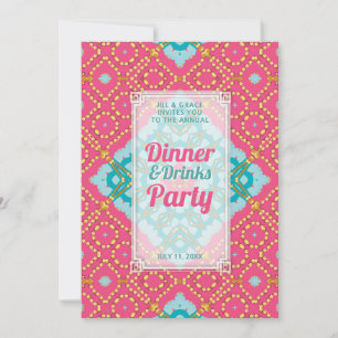 Pink Teal Gold Boho Chic Dinner Drinks Party Invitation