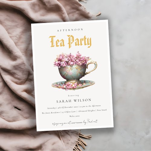 Pink Teal Gold Floral Teacup Afternoon Tea Party  Invitation