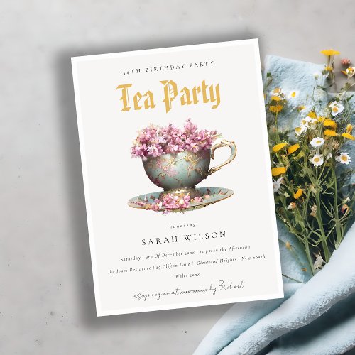 Pink Teal Gold Floral Teacup Birthday Tea Party  Invitation
