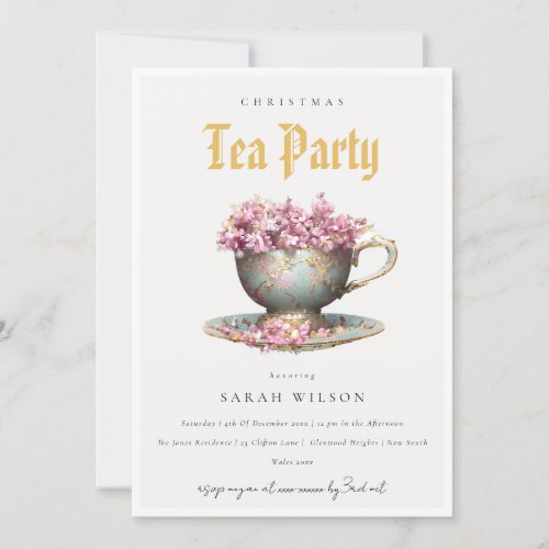 Pink Teal Gold Floral Teacup Christmas Tea Party  Invitation