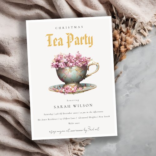 Pink Teal Gold Floral Teacup Christmas Tea Party  Invitation