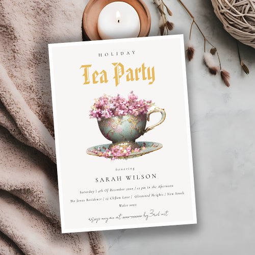 Pink Teal Gold Floral Teacup Holiday Tea Party  Invitation