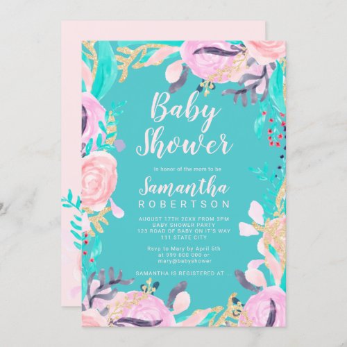 Pink teal gold floral watercolor baby shower invitation