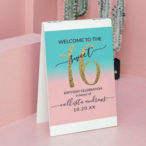 Pink Teal Gold Glitter Ombre Sweet 16 Welcome Sign