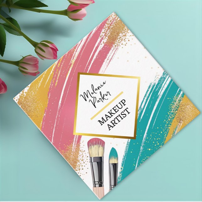 Pink Teal Gold Glitter Paint Makeup Square Business Card (Creator Uploaded)