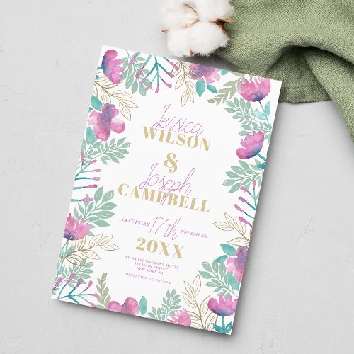 Pink teal gold green typography floral wedding invitation