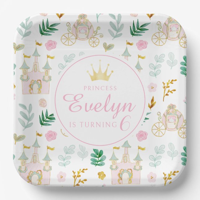 Pink teal gold little princess birthday girl  paper plates (Front)