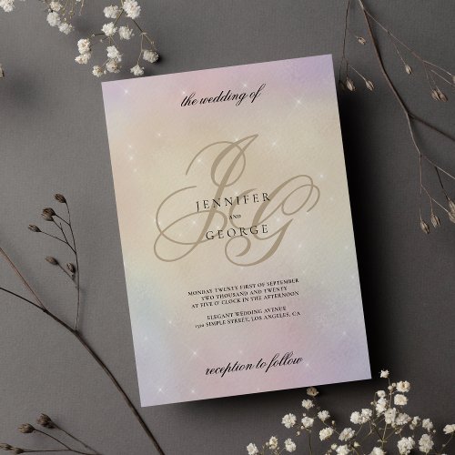 Pink teal gold monogram initials glitter wedding invitation