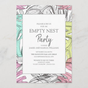 Pink Teal Gray Tropical Leaf Empty Nest Party Invitation
