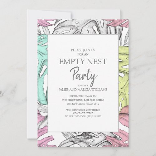 Pink Teal Gray Tropical Leaf Empty Nest Party Invitation