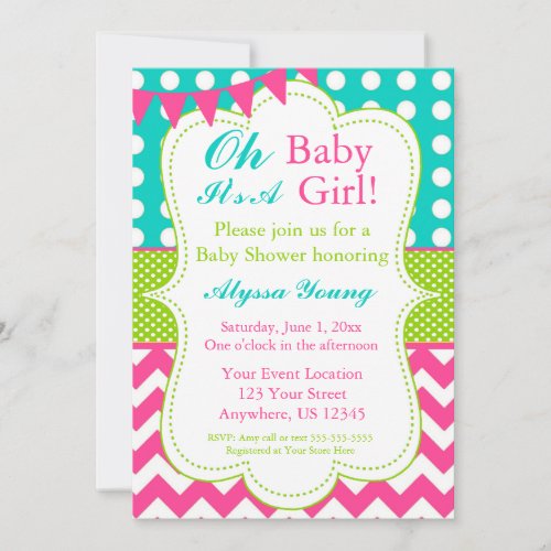 Pink Teal Green Baby Shower Invite