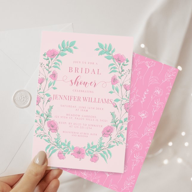 Pink teal green floral wreath bridal shower invitation (Creator Uploaded)