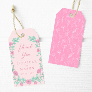 Pink teal green floral wreath wedding thank you gift tags