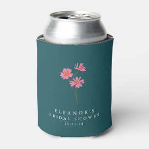 Pink Teal Green Flowers Boho Custom Bridal Shower Can Cooler