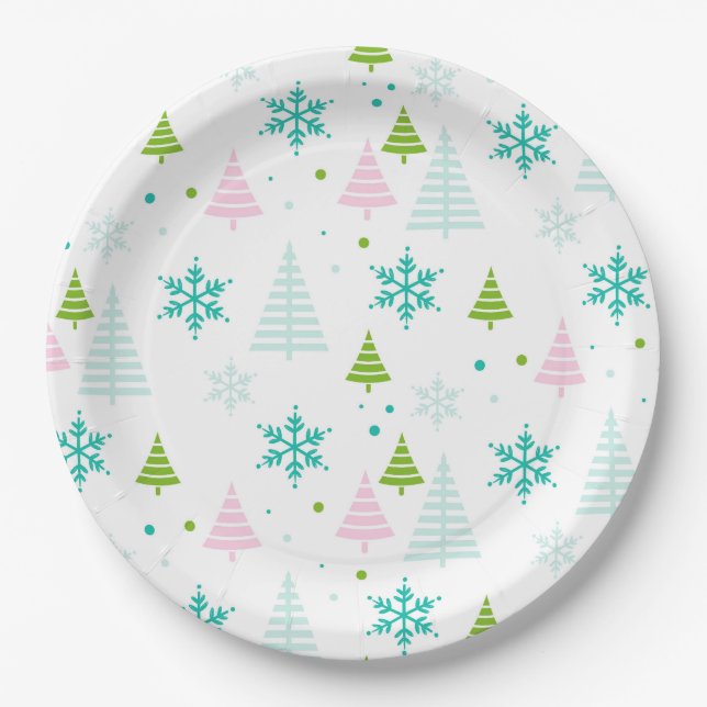 Pink Teal Green Trees Modern Christmas  Paper Plates (Front)