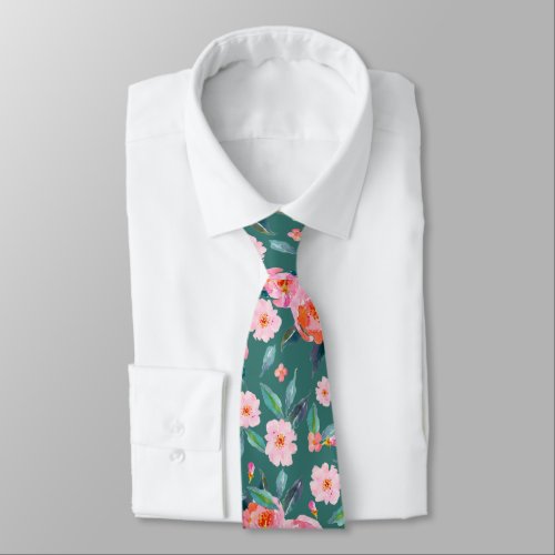 Pink Teal Green Watercolor Rose Pattern Wedding Neck Tie