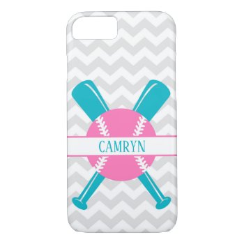 Pink Teal Grey Softball Cell Phone Case by Kookyburra at Zazzle