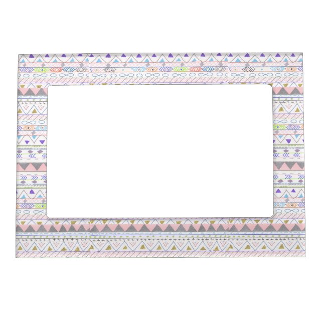 Pink teal hand painted aztec pattern magnetic photo frame (Front)