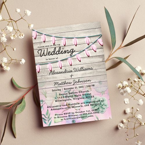 Pink Teal Hanging Lights Floral Wood Wedding Invitation