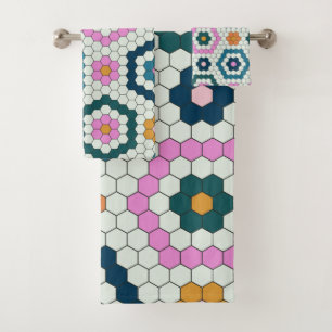 Pink Teal Hexagon Geometric Honeycomb Bathroom Bath Towel Set