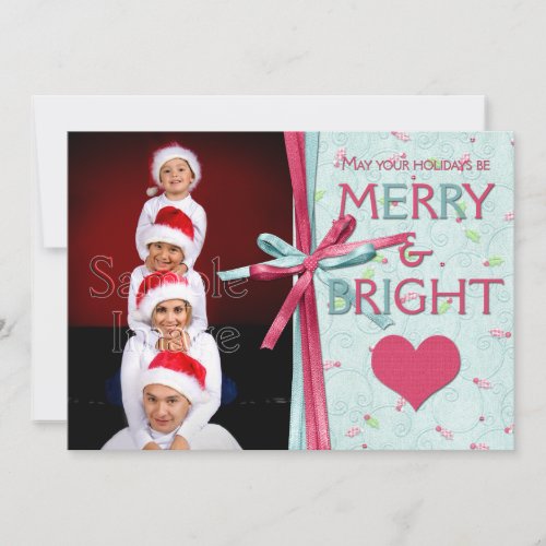 Pink Teal Holly Merry and Bright Photo Holiday Card