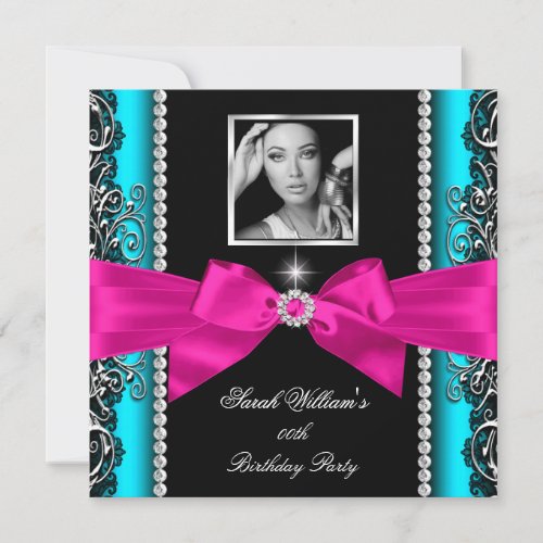 Pink Teal Jade Bow Birthday Party Silver Photo Invitation