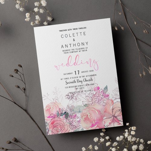 Pink teal lavender floral bouquet Wedding Invitation