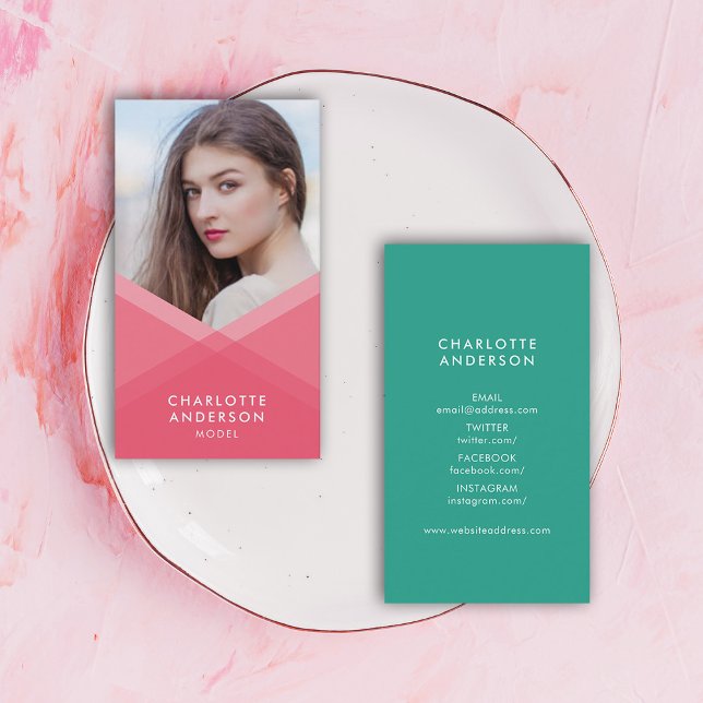Pink & Teal Layered Geometric Social Media Photo Business Card (Creator Uploaded)