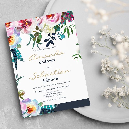 Pink teal lilac green watercolor floral wedding invitation
