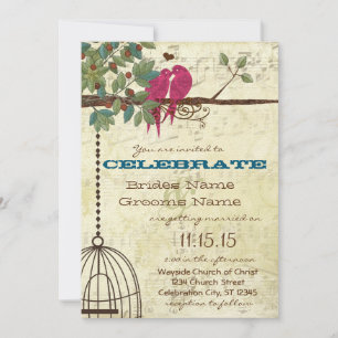 Pink Teal Love Birds Sitting In A Tree Wedding Invitation